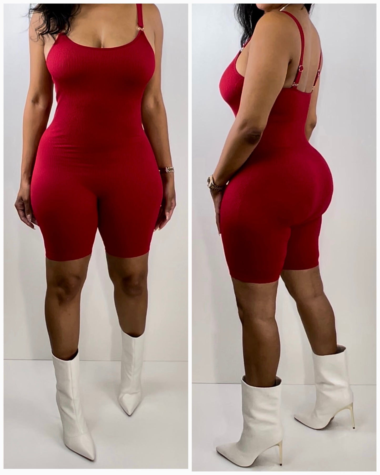 2054 Dark Red Ribbed Romper
